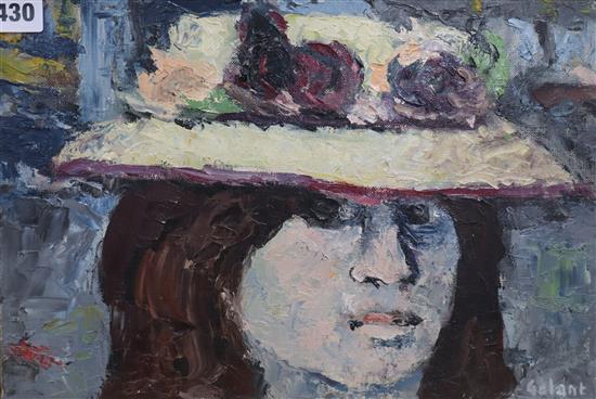 Rene Galant, oil on canvas, Young girl wearing a flowered hat, signed verso, 24 x 35cm, unframed